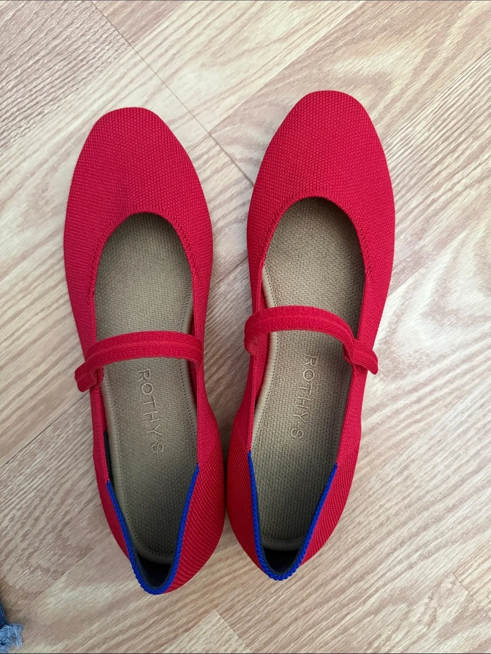 Rothy's Red Mary Jane Flats with Blue Trim